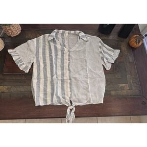 Beach Lunch Lounge Top Womens Medium Blue & White Striped Beachy Tie Front NY Co